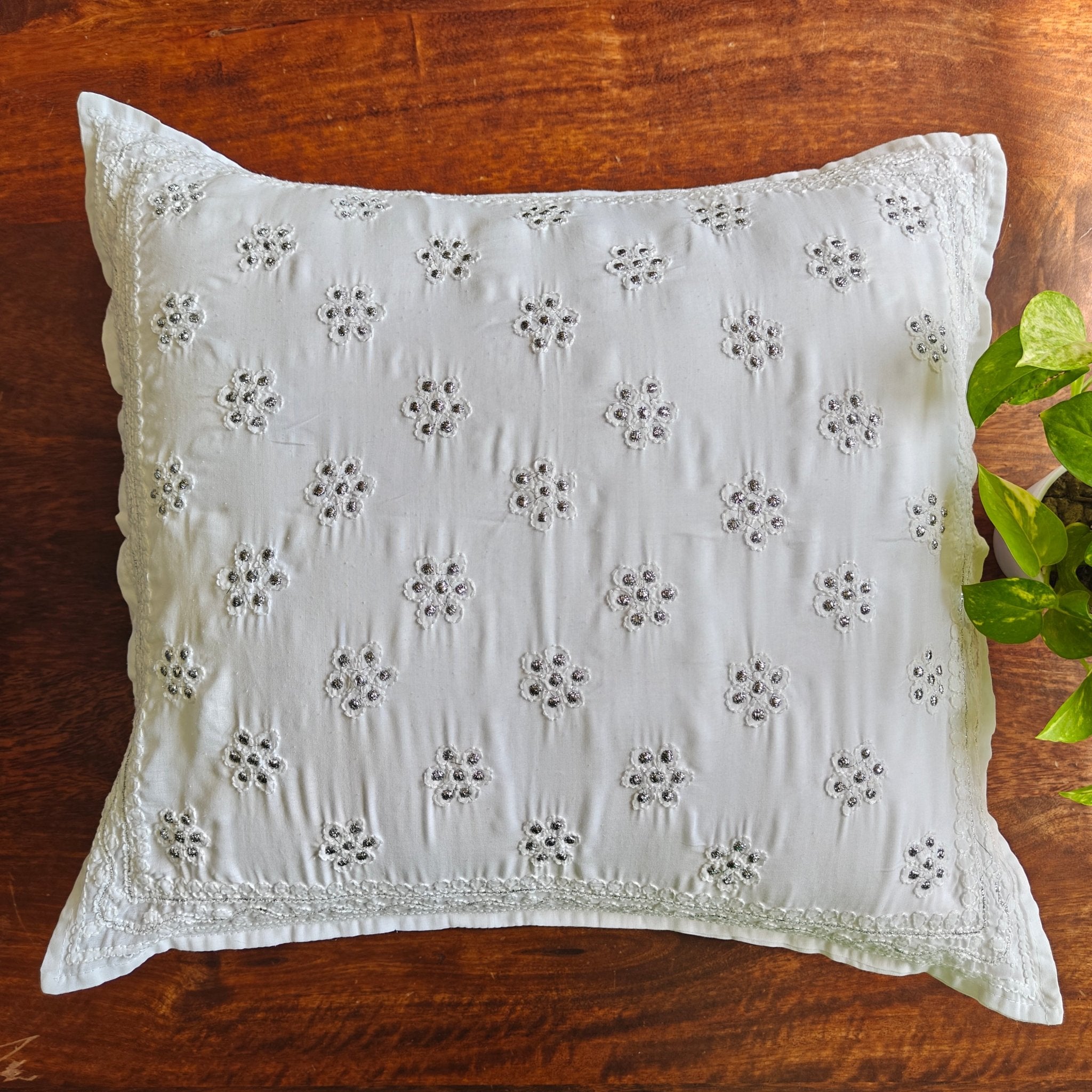 Amoli White Chikankari Cushion Cover, 18" x 18", Pack of 1 - Coral Slub -